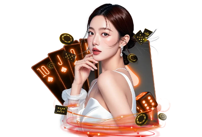 ภาพผู้หญิงพร้อมไพ่และชิปคาสิโนโทนสีส้มทอง สื่อถึงคาสิโนออนไลน์ระดับพรีเมียมของ xgambet-333