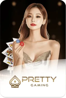 ภาพผู้หญิงถือชิปและไพ่ พร้อมโลโก้ Pretty Gaming สื่อถึงผู้ให้บริการคาสิโนสดและบาคาร่าออนไลน์บน xgambet-333