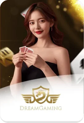 ภาพผู้หญิงถือไพ่ พร้อมโลโก้ Dream Gaming สื่อถึงผู้ให้บริการคาสิโนสดและบาคาร่าออนไลน์บน xgambet-333