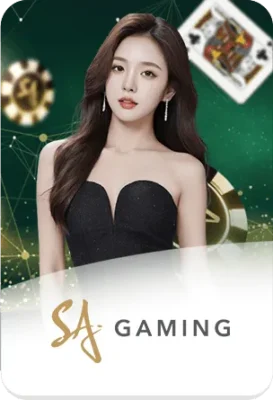 ภาพผู้หญิงพร้อมองค์ประกอบคาสิโน และโลโก้ SA Gaming สื่อถึงเกมคาสิโนสดและผู้ให้บริการเกมระดับพรีเมียมของ xgambet-333