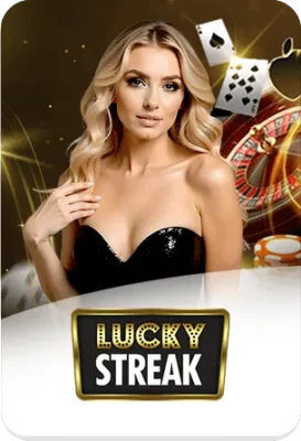 ภาพผู้หญิงพร้อมองค์ประกอบคาสิโน เช่น ไพ่ รูเล็ต และโลโก้ Lucky Streak สื่อถึงผู้ให้บริการคาสิโนสดบน xgambet-333