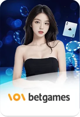 ภาพผู้หญิงพร้อมชิปคาสิโน ไพ่ และโลโก้ 101 Betgames สื่อถึงผู้ให้บริการเกมคาสิโนสดและเกมเดิมพันบน xgambet-333