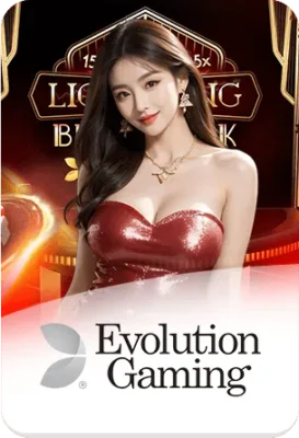 ภาพผู้หญิงพร้อมองค์ประกอบคาสิโน และโลโก้ Evolution Gaming สื่อถึงคาสิโนสดระดับโลกและผู้ให้บริการเกมพรีเมียมบน xgambet-333